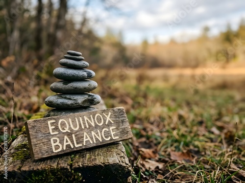 Balanced stack of zen stones on a mossy wooden log in a natural autumn forest setting, featuring a wooden plaque engraved with Equinox Balance text against a bokeh background.
