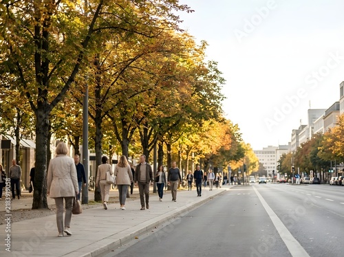 People walking on a wide urban sidewalk lined with yellow autumn trees next to a clean city street and modern buildings under bright sunlight in a metropolitan downtown area.