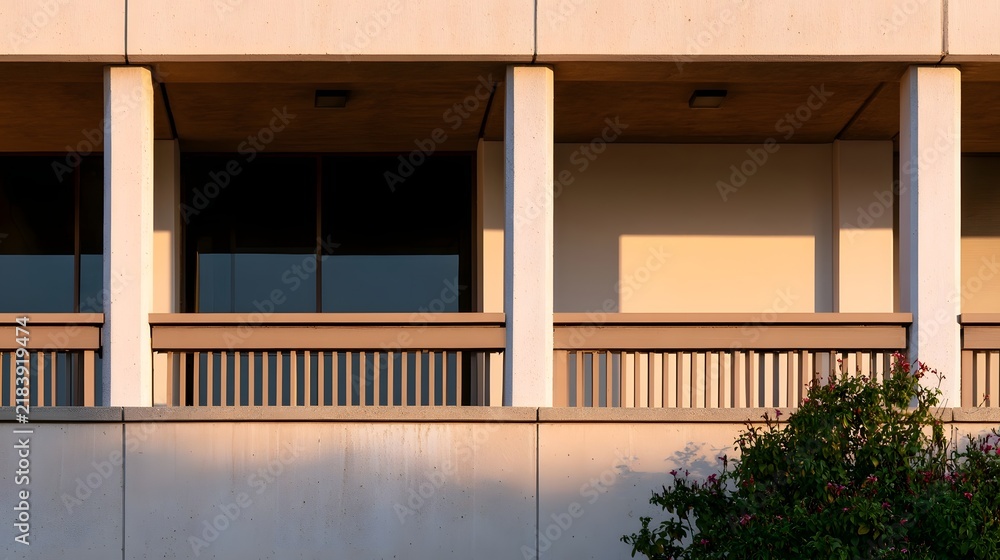 Fototapeta premium Modern building balcony with concrete columns and horizontal railings bathed in warm late afternoon sunlight