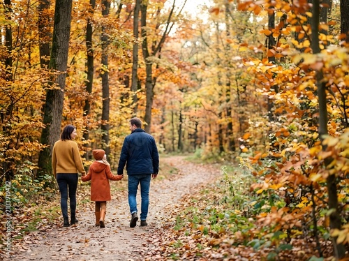 Rear view of a young family with a small child walking hand in hand down a leaf-covered path in a vibrant autumn forest with golden foliage and tall trees during the daytime.