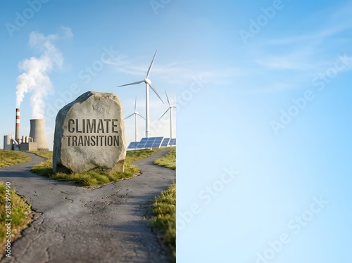 Road fork concept with a stone engraved Climate Transition, leading towards a fossil fuel power plant on the left and renewable wind turbines and solar panels on the right.