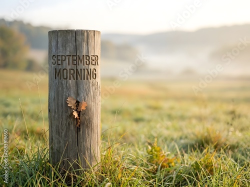 Rustic wooden post with September Morning engraving in a foggy autumn field at sunrise, featuring small oak leaves in a wood crack and soft golden light over the rural landscape.