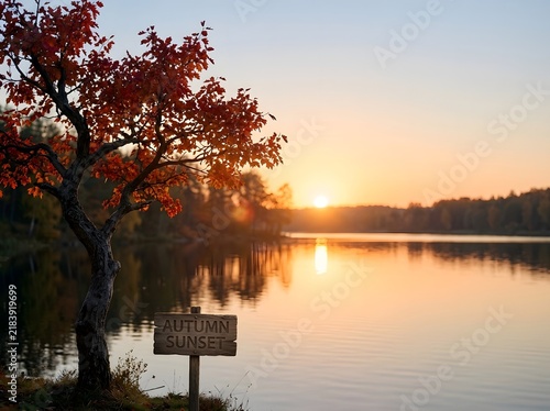 Scenic autumn landscape at sunset featuring a red oak tree by a calm lake with a wooden sign reading Autumn Sunset in the foreground and golden light reflecting on the water surface.