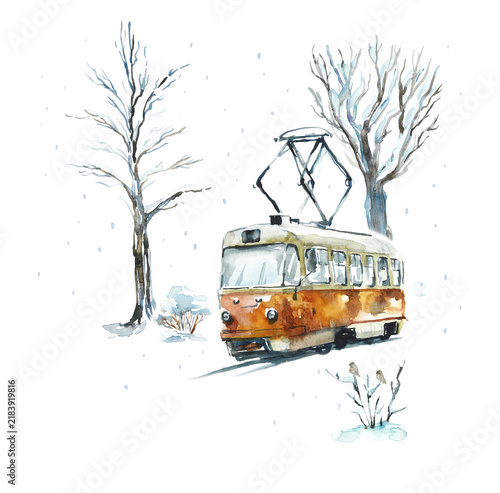 Watercolor vintage christmas tramcars. Winter snow park. Romantic mood. Hand drawn illustration. Sketch style