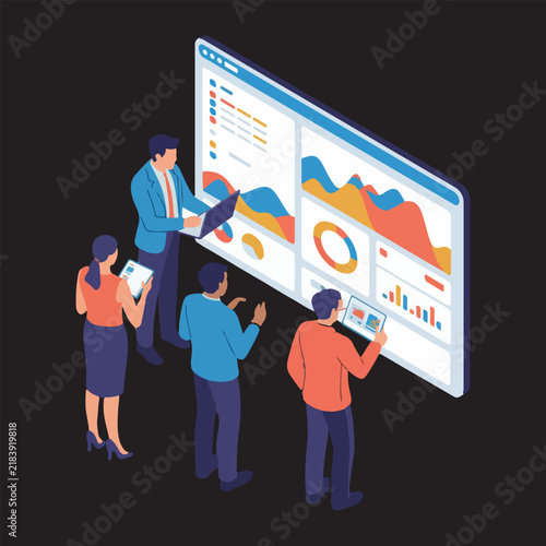 Business professionals analyzing data charts on a large interactive screen during a meeting with modern isometric style