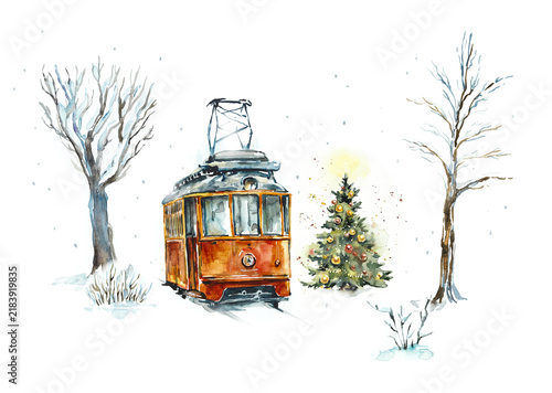 Watercolor vintage christmas tramcars. Winter snow park. Romantic mood. Hand drawn illustration. Sketch style
