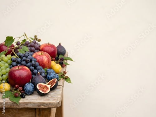 Still life of autumn harvest fruits including red apples, green and purple grapes, fresh halved figs, plums, and blackberries arranged on a rustic wooden table edge with copy space.