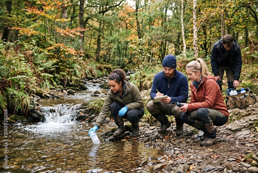 Fototapeta premium Students are collecting water samples from a stream in a forest. They are taking notes while observing their surroundings. It is autumn and trees have colorful leaves