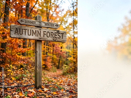 Wooden signpost in vibrant autumn forest with red orange foliage; arrows point to summer and winter. Vertical composition features soft white background for text on the right side.