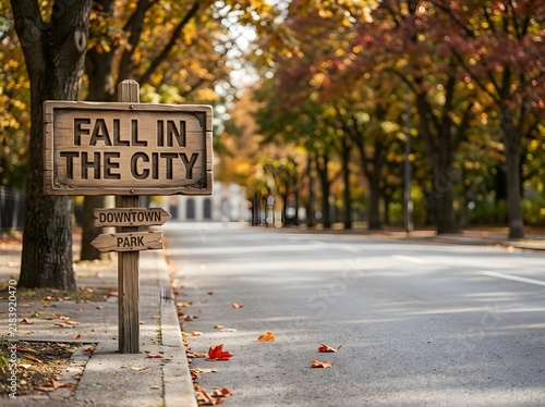 Wooden signpost on a city sidewalk displaying text Fall in the City with arrows for Downtown and Park, featuring autumn leaves and blurred street with colorful fall foliage.