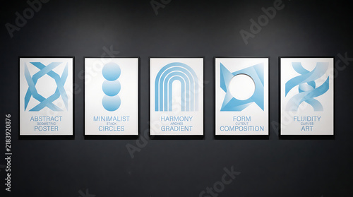 Cuadro en lienzo Set of five modern abstract geometric posters with blue gradient shapes on a dar