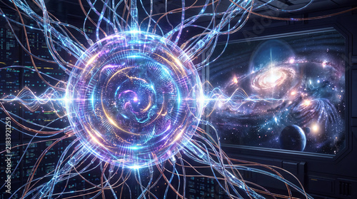 Quantum computing processor core in a futuristic laboratory. Advanced technology system with glowing energy and fiber optic cables. Space exploration and data processing concept