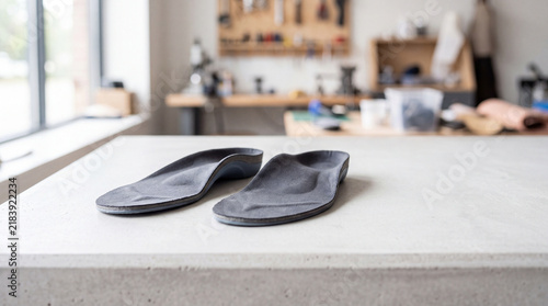 Custom orthotic shoe insoles on workbench in workshop — pair of foot support inserts for comfort