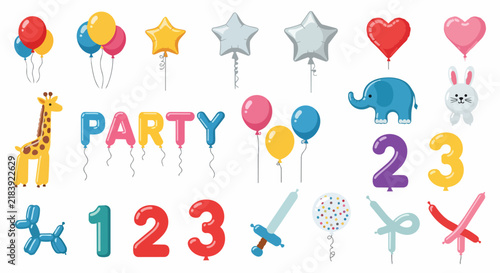 A collection of colorful party balloons and festive decorations are arranged on a white.