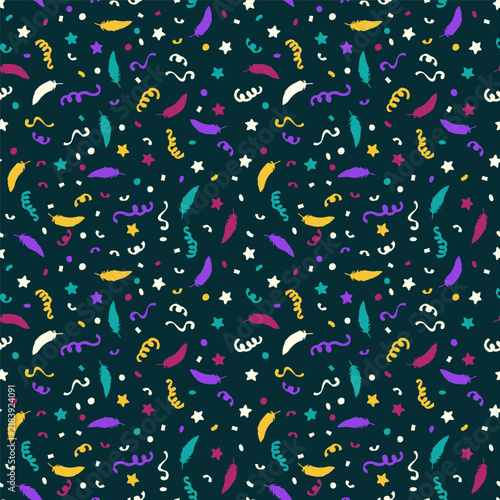 Seamless festive confetti pattern with colorful ribbons, feathers, and stars scattered on dark background. Vibrant celebratory background vector illustration