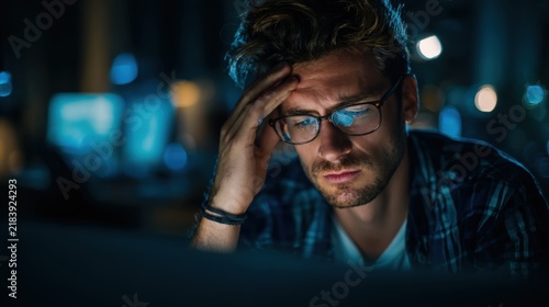 Overwhelmed man working late experiencing burnout