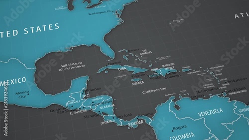 Animated political map showing the location of Cuba in the Caribbean. The camera gradually approaches the country, bringing Havana, neighboring islands, national borders, the Caribbean Sea, and surrou