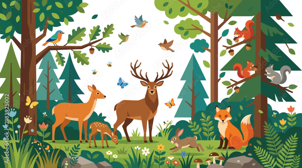 Naklejka premium Flat vector forest wildlife illustration, trees with deer, rabbit, fox, birds, butterflies and squirrels, harmonious natural ecosystem, clean simple geometric shapes, modern 2D vector style, white bac
