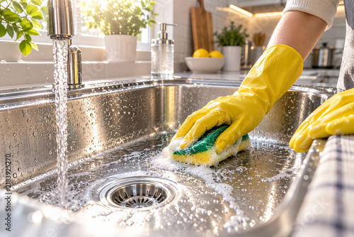 Cleaning the Kitchen Sink: A person wearing yellow rubber gloves meticulously scrubs a stainless steel kitchen sink with a sponge, creating a foamy lather under running water.