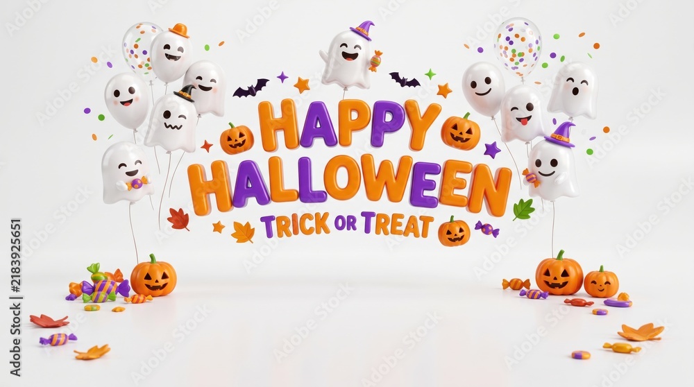 Fototapeta premium 3d happy halloween text with cute ghosts, jackolantern pumpkins, and colorful candies isolated on white background