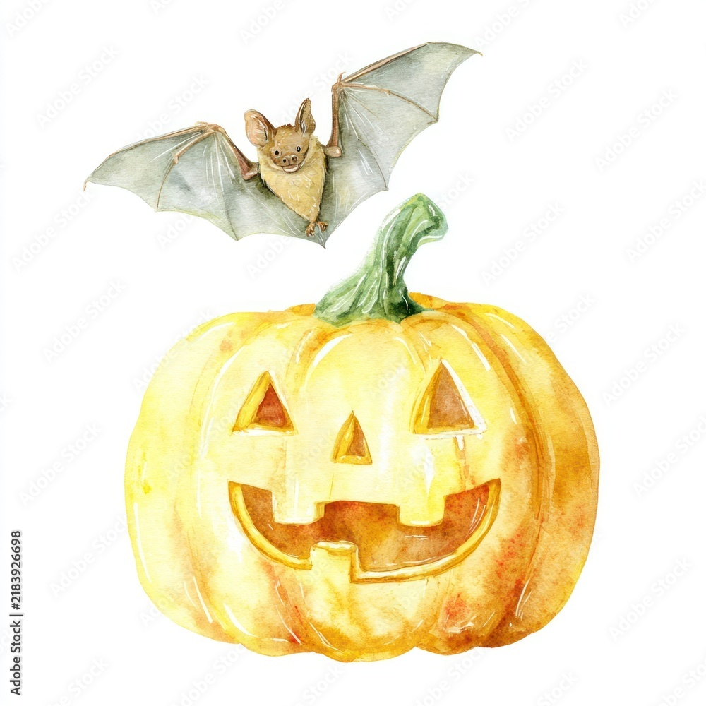 Obraz premium Watercolor pumpkin with bat illustration for Halloween.