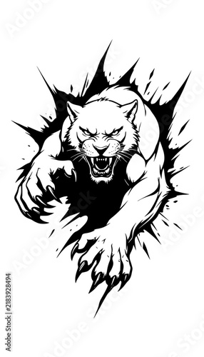 Canvas Print Roaring Panther Vector Illustration - Wild Big Cat Attack Stance Ink Splatter Ar
