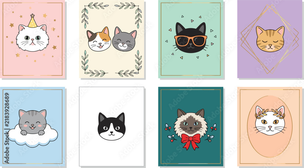 Obraz premium Cute Cartoon Cat Card Set with Lovely Kitten Faces Greeting Postcards Birthday Frames and Pastel Animal Portrait Invitation Graphic Designs