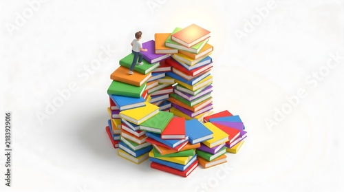 Small person climbing colorful books staircase, symbolizing education, knowledge and learning journey