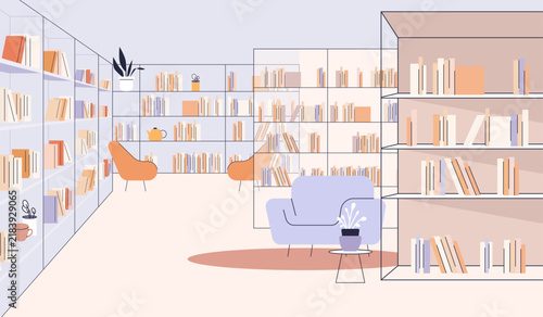 Modern library interior bookshelves cozy reading area armchairs plants minimalist pastel colors spacious room website banner