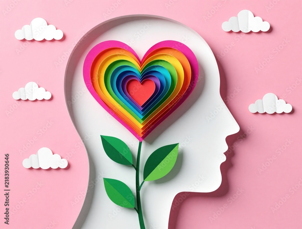 Obraz premium Rainbow heart grows from plant inside human head profile. Paper art clouds float in pink sky. Symbolizes growth, love, mind, and mental health concepts.