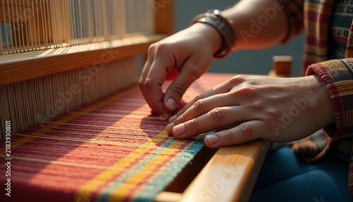 Close-up of hands weaving colorful threads on a traditional wooden loom in sunlight