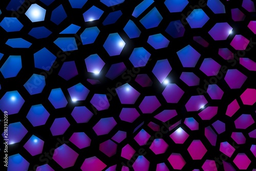 Abstract futuristic digital honeycomb grid pattern with glowing blue and pink lights