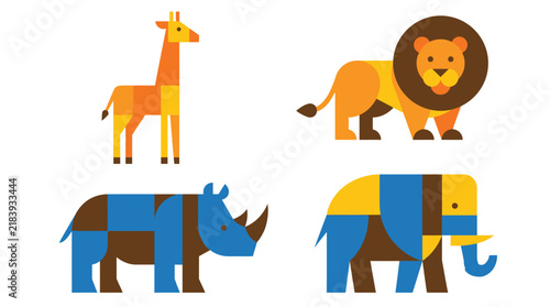 Photography Cute wild safari animals vector illustration set with giraffe lion rhino and ele