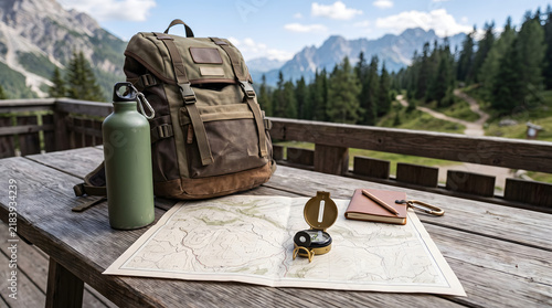 Vintage hiking backpack rests on wooden table alongside metal water bottle and open paper map with brass magnetic compass device