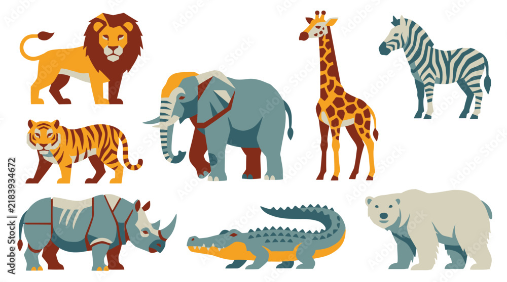 Obraz premium Cute wild safari animals vector illustration set with lion tiger elephant giraffe and zebra