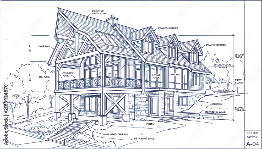 Fototapeta premium Architectural blueprint diagram of multi level hillside residential lake house with covered porch balcony text labels vector