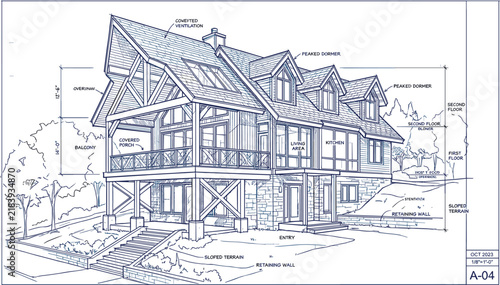 Canvas Print Architectural blueprint diagram of multi level hillside residential lake house w