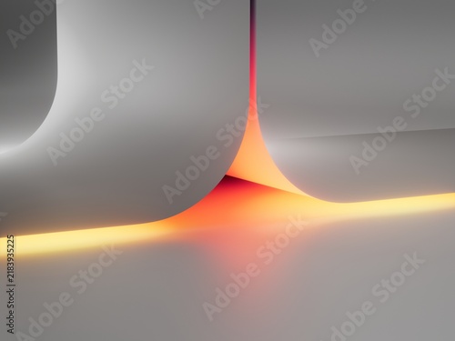 Bright orange neon line cuts through a clean white abstract structure. Futuristic minimal background for branding, technology, and digital presentation design.