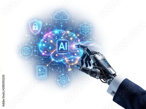 Robotic hand touching a digital brain interface for artificial intelligence