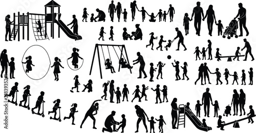 Black Playground and Family Silhouette Collection Featuring Children Playing, Parents, Swings, and Slides