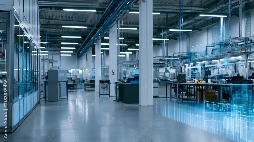 Obraz premium Modern factory interior with digital interface overlays showcasing industrial equipment structural columns and ambient lighting in a clean
