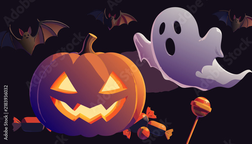 Halloween pumpkin jack-o-lantern with ghost and bats for spooky holiday celebration design