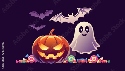 Halloween pumpkin ghost and bats illustration with candy treats on dark background
