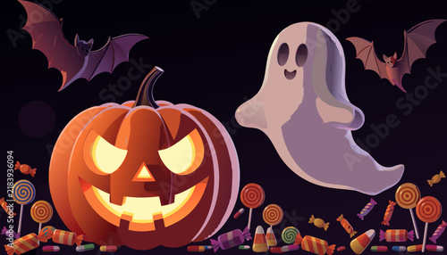 Halloween pumpkin jack o lantern with ghost and bats and candy on black background