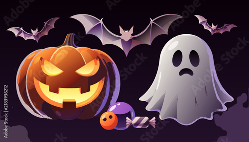 Halloween pumpkin ghost and bats 3D vector illustration for holiday party design