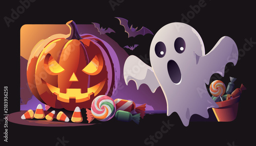 Halloween Jack-o-lantern pumpkin and cute ghost with candy treats vector illustration