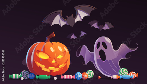 Halloween pumpkin jack o lantern and ghost with candy treats and bats on dark background