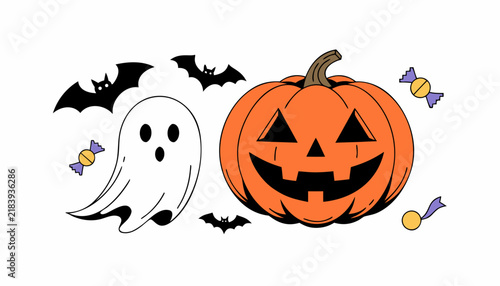 Halloween vector set with cute ghost, jack-o-lantern pumpkin, bats and candy icons