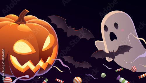 Halloween pumpkin jack-o-lantern and cute ghost with bats and candy on dark background