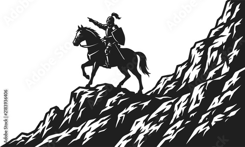 Принти на полотні Medieval knight in full armor riding horse on rocky mountain peak pointing forwa